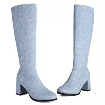 Модные синие джинсовые сапоги до колена, женская обувь, новые осенне-зимние женские высокие сапоги на молнии, джинсы, длинные туфли для вечеринок, женские, большой размер 45 34 чёрный