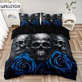 Fashion Blue Rose Skull Print Bedding Set Soft Comfortable Duvet Cover For Bedroom (1*Duvet Cover+2*Pillowcase) For Halloween 135X200cm