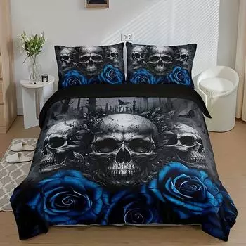 Fashion Blue Rose Skull Print Duvet Cover Soft Comfortable Bedding Set For Bedroom (1*Duvet Cover+2*Pillowcase) For Halloween US Twin(172x218cm)