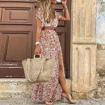 МОДА Женское длинное пляжное платье Boho с V-образным вырезом и принтом пейсли большого размера с коротким рукавом и поясом S красный