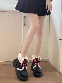 Fashion Booties Ribbons Bow Cute Ankle Ladies Snow Boots Elegant with Medium Heels Female Shoes Kawaii Round Toe Demi-season Y2k Fashion 35