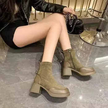 Fashion Booties Very High Heels Suede Punk Style Heeled Autumn Boot Short Shoes for Woman Black Women s Ankle Boots Sock Footwear Combat 35 зеленые хаки