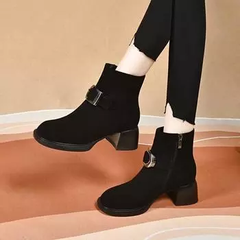 Fashion boots women s autumn and winter round buckle thick heel thin leather boots thermal cotton boots black round head women s short boots 34