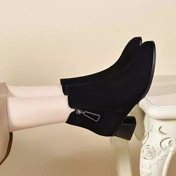 Fashion boots women s autumn and winter new simple temperament black sheepskin short boots water drop buckle thick heel high heel boots leather boots 34