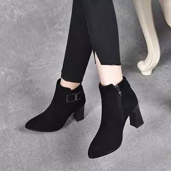 Fashion boots women s boots autumn and winter new pointed square buckle thick heel leather boots three height ankle boots short boots 34