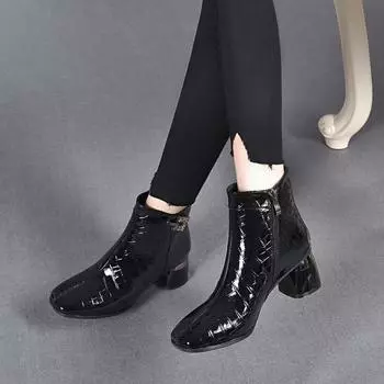 Fashion boots women s boots autumn and winter new temperament short boots round head high heel cow patent leather metal buckle bare boots 35