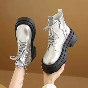 Модные ботинки Женские ботильоны, увеличивающие рост 2024 Осень Новые британские мотоциклетные ботинки Женские повседневные короткие ботинки 35 чёрный