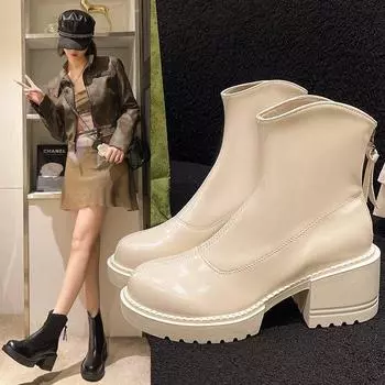 Модные ботинки, женская обувь, повседневные, с круглым носком, с молнией сзади, на толстом каблуке, короткие ботинки, высокие каблуки, короткие туфли 35 чёрный