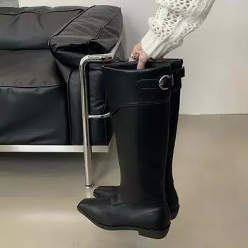 Модные женские сапоги Botas De Mujer, высокие французские сапоги с квадратным носком и коленями, длинные сапоги в стиле вестерн из цельной замши, кожаные сапоги без застежек, туфли на низком каблуке 35 чёрный