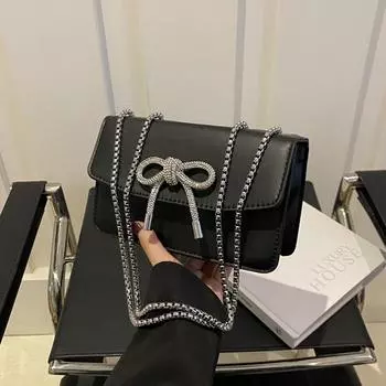 Модная сумка-бант на цепочке, маленькая квадратная сумка для женщин, новая простая сумка через плечо из искусственной кожи, корейская универсальная женская сумка кроссбоди (20cm<Max Length<30cm)