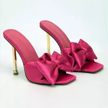 Модные тапочки на высоком каблуке с бантом, женские летние босоножки на каблуке с открытым носком 2024 года, женские босоножки с красным каблуком 35 чёрный