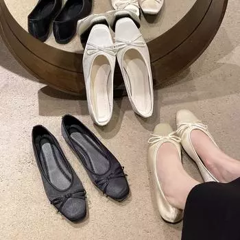 Модные женские балетки с бантом, квадратный носок, туфли-лодочки, ленивые мокасины, повседневная удобная обувь для женщин 2024 35 бежевый