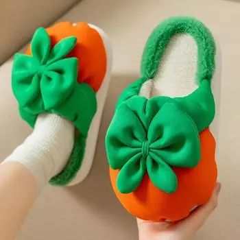 fashion Bow Knot Thick Sole Slippers Fashionable Women Winter Cute Indoor Home Plush Insulation Anti Slip Comfortable Cotton Shoes 2024 36-37 зелёный