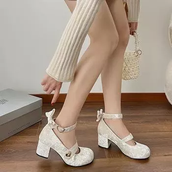 Fashion Bow Mary Jane Shoes Women s High Heels Women s Square Toe Shoes Spring Fashion Party Genuine Leather Women s Shoes 35 белый