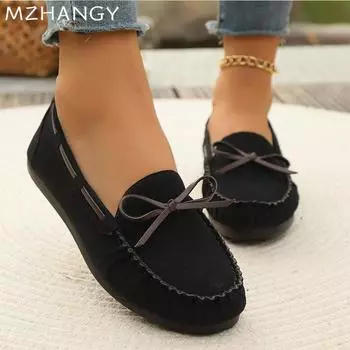 Модные женские замшевые туфли на плоской подошве с бантом, лоферы, кроссовки, осенняя новая модная повседневная обувь для женщин 2024 года, трендовые кроссовки для бега, удобные женские туфли Zapatos 36 чёрный