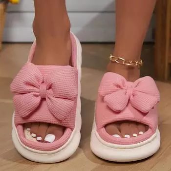 Fashion Bowknot Linen Home Slippers Women Thick Sole Non Slip House Cotton Shoes Woman Flat Heels Platform Indoor Slippers 2024 36-37fit35-36 чёрный