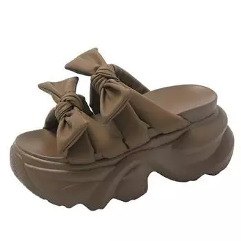 Fashion Bowknot Wedge Flip Flops for Women Summer New Platform Non Slip Sandals Woman Thick Sole 8CM Heels Beach Slide Slippers 34 бежевый