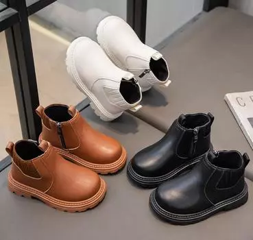 Fashion Boy Girl Short Boots Non-Slip British Style Boot Children s Side Zipper Design Single Boots Leather Boots Anti-skid Shoe 21 бежевый