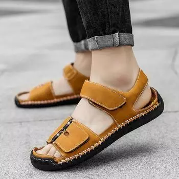 Fashion Brand Hand Sewn Thread Men Sandals Summer Cow Leather Sandals Outdoor Casual Lightweight Sandal Fashion Men Sneakers Size 38-48 38 красный
