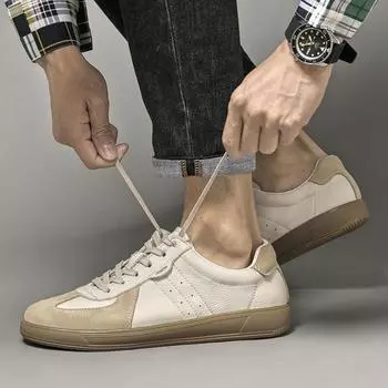 Fashion Brand Men s Top Layer Cowhide Comfortable Board Shoes Spring Outdoor Men s Classic Lace Up Breathable Small White Shoes 37 хаки