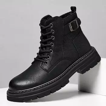 Fashion Brand Winter Plush Leather Shoes for Men Thick Bottom Punk British Style Design Career Platform Perfect Daily Wear Big Size 38 чёрный