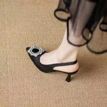 fashion Brand Women Pumps Luxury Crystal Slingback High Heels Summer Bride Shoes Comfortable Triangle Heeled Party Wedding Shoes 35 чёрный