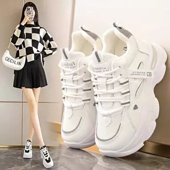 fashion Breathable Thick-soled Women s Sneakers Fashionable Lace-up Flat-soled Dad Shoes 2024 New Style Fashionable and Versatile 35 бежевый
