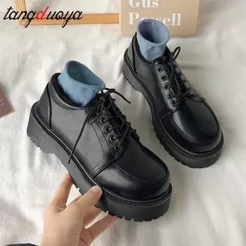 Fashion British Black Brown Shoes for Women Lace Up Women Casual Shoes Low Ladies Comfortable Leather Shoes Zapatillas Mujer Cotton Boot 4.5