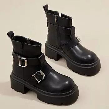 Модные британские женские ботильоны из коровьей кожи с металлической пряжкой, дизайнерская повседневная обувь для женщин, модные весенне-осенние женские ботинки на платформе 34