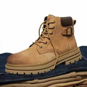 Fashion British Men Suede Leather High Top Boots Plus Size 39-45 Man Antiskid Lace-Up Ankle Boots Fashion Thick Bottom Round Toe Boots 39 хаки