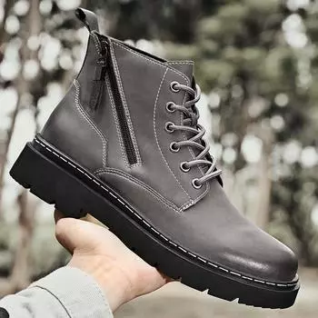 Fashion British Style 2024New High Quality Men Casual Leather Boots Comfy Thick Bottom Boots Designer Lace-Up Ankle Boots High Top Shoes 38 чёрный