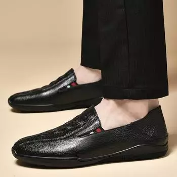 Fashion British Style Genuine Leather Men Shoes Handmade Loafers Slip-On Embossed Upper Casual Walking Work Shoes Driving Sneakers Shoes 37 коричневый