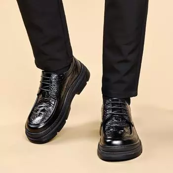 Fashion British Style Genuine Leather Shoes Soft Sole Business Dress Crocodile Texture Leather Shoe Men Thick Soled Casual Oxfords Shoes 38 чёрный