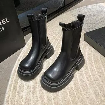 Fashion British Style Leather Chelsea Boots Women Designer Soft-soled Platform Shoes Ladies Fashion Casual Non-slip Ankle Boots Female 35