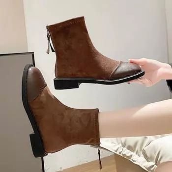Fashion British Style Women s Boots Ankle Flock Autumn/Winter 2024 New Korean Style Trendy Elegance Square Heel Women Shoes Brown 35 чёрный