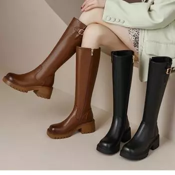 fashion British Style Women s Knight Boots Autumn Side Zip High Heels Retro Chunky Heel Knee Hight Boots Women Shoes Zapatillas Mujer 35 чёрный