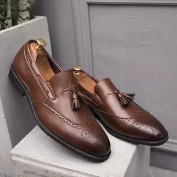Fashion Brock Leather Loafers Business Brogue Shoes British Style Slip-On Driving Shoes Elegant Tassel Party Shoes Office Shoes 38 чёрный