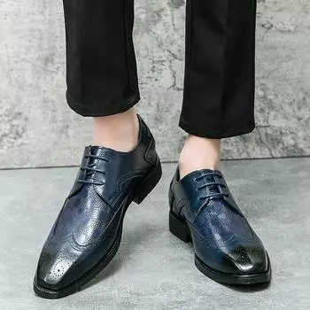 Fashion Brogue New Fashion Leisure Business Men Shoes Trendy gentleman lace up Wedding Party Outdoor Travel Strolling Men s Shoes 38 синий