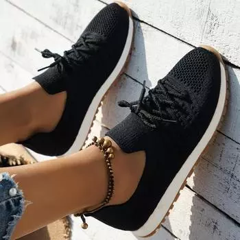 Модные коричневые вязаные дышащие кроссовки женские новые мягкие туфли на платформе на плоской подошве женские большие размеры 43 нескользящие повседневные туфли 36 чёрный