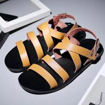 Fashion Brown Leather Flip Flops Sandals Men Casual Designer Men s Flat Sandals Summer 2024 Gladiator Roman Sandals Men Slippers 38
