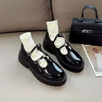 Fashion Buckle 2024 New Women s High Heels Autumn Mary Jane Round Toe Shallow High Heels Women s Dress Thick Heels Zapatos 35 чёрный