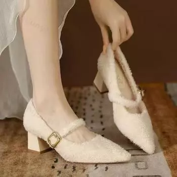 Fashion Buckle Casual Heels Women Pumps New 2025 Winter Plush Ladies Mary Jane Pumps Pointed Wedges Comfortable Woman Footwear 35