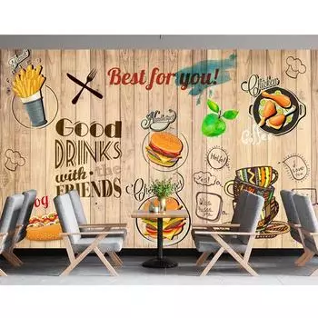Fashion Burger Wallpaper Hand Painted Burger Wall Mural Fast Food Restaurant Hamburger Shop Background Wallpaper 200 cm(W) x 140 cm(H)