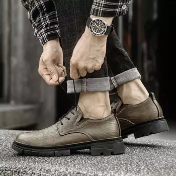 Fashion Business Genuine Leather Shoes All-match Men s Lace Up Oxford Shoes Classic Thick Sole Pointed Toe Designer Men Casual Footwear 36 хаки