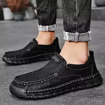 Fashion Business Men Work Formal Shoes slip on Thick Platform Derby Shoes Party Cowhide Genuine Leather Dress Shoes men moccasins 6.5 чёрный