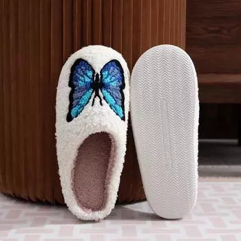 Fashion Butterfly Pattern Fuzzy Slippers Couple Winter Toe Wrap Warm Cotton Slippers Men Women Indoor Flat Home Non-slip Shoes 36-37(Fit 35-36) бежевый