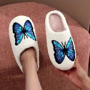 fashion Butterfly Print Cotton House Slippers Women Non Slip Warm Indoor Floor Shoes Woman Autumn Winter Soft Plush Flat Home Slippers 36-37 розовый