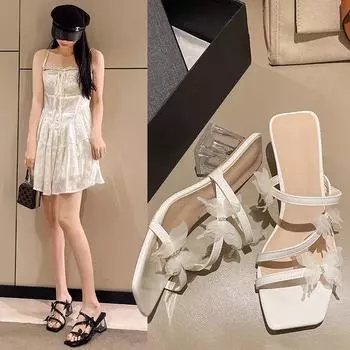 fashion Butterfly Purple High Heeled Sandals Women Summer Casual Square Toe Sandals Woman Thin Heels Ankle Straps Party Shoes 35 хаки