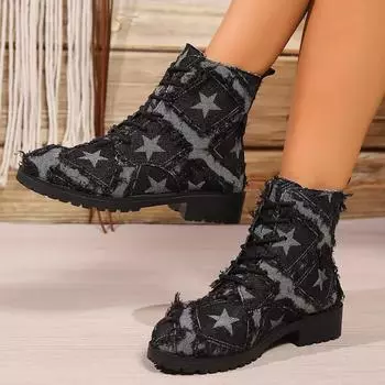 Fashion Canvas Platform Ankle Boots Women Shoes New Designer Lace-up Sneakers 2024 Trend Brand Cozy Walking Motorcycle Boots 36-42 36 чёрный