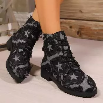 Fashion Canvas Platform Ankle Boots Women Sport Shoes New Designer Lace-up Sneakers Trend Brand Cozy Walking Pumps Motorcycle Boots 36 чёрный